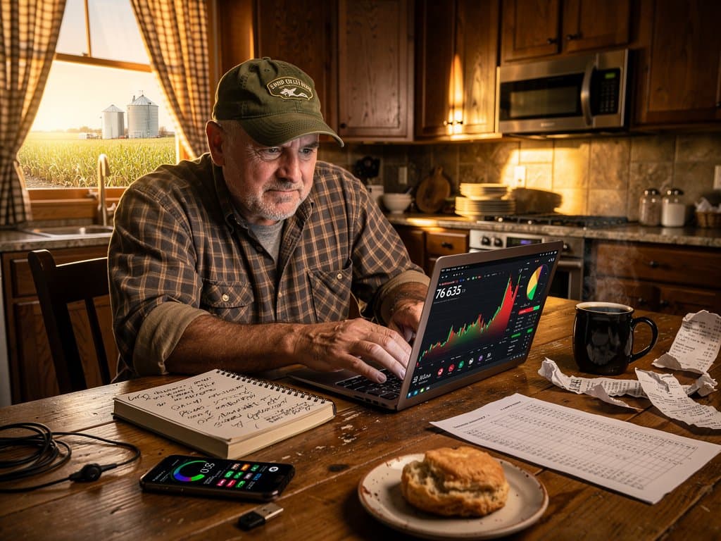 Midwest farmhouse table with laptop showing BTC $76,635, Fear & Greed 26, McKenzie crypto book, farm receipts, cornfield view