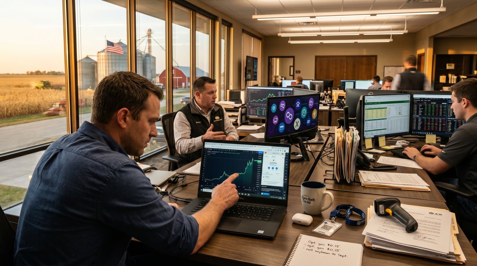 Laptop in Midwest farm office displays Ethereum price at $2,367.80 with export maps and crypto wallet