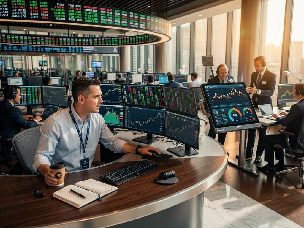 Traders at multi-monitor desks analyzing Bitcoin and crypto futures charts on CME Group floor amid Chicago skyline view