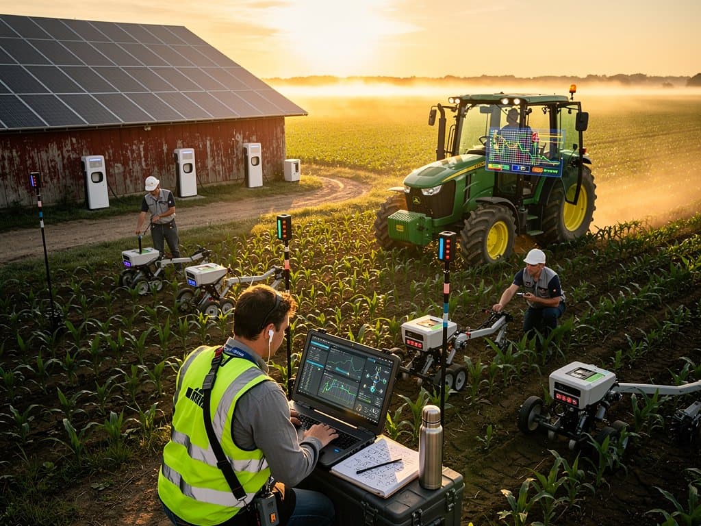 Illinois cornfield with AI tractor and secure data center, highlighting Midwest ag tech cybersecurity