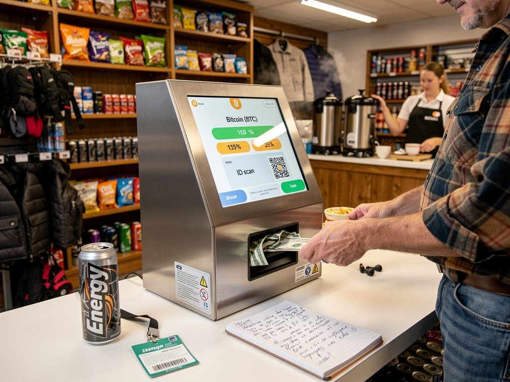 Crypto kiosk in Madison WI store displays BTC options with fee disclosures amid Midwest shoppers
