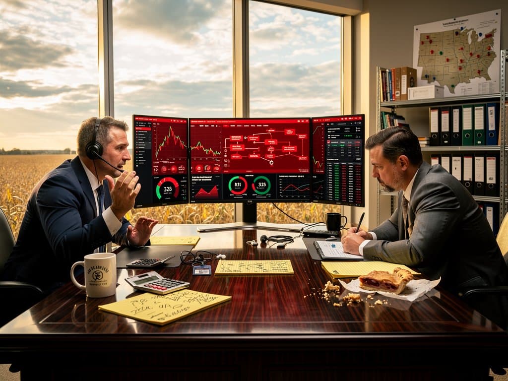 Midwest office screens show red crypto charts, Fear & Greed at 26, $328M Ponzi blockchain graphs, heartland farm views