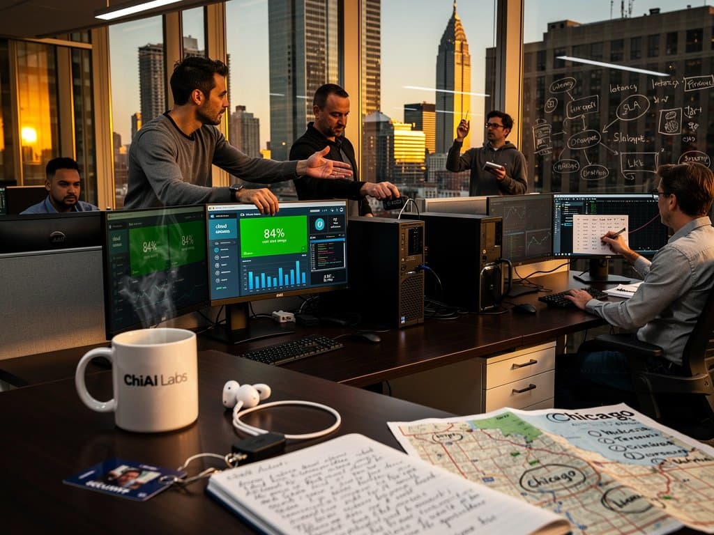 Illinois tech office screens show Hetzner migration savings graphs, Chicago skyline, code and dashboards evoking cloud efficiency