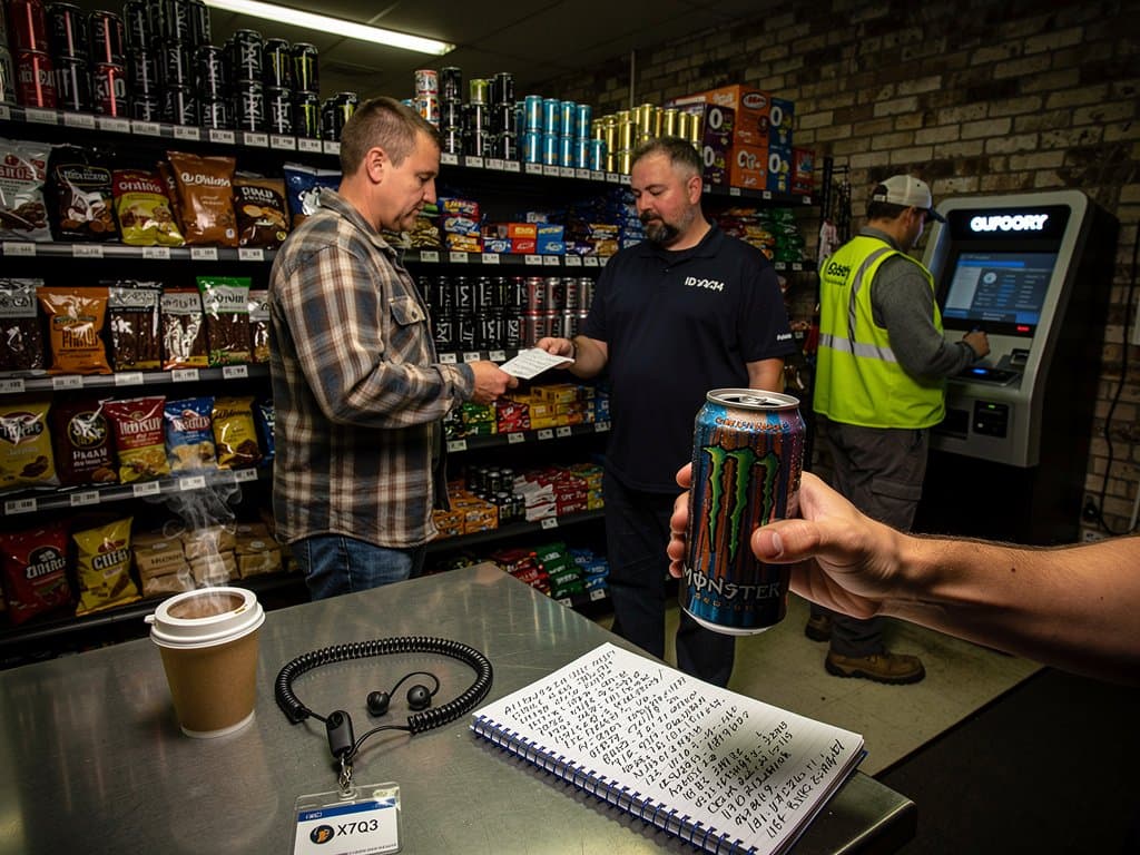 Crypto ATM at Quad Cities gas station with tampered QR code and Bitcoin price dip display amid rural Midwest night