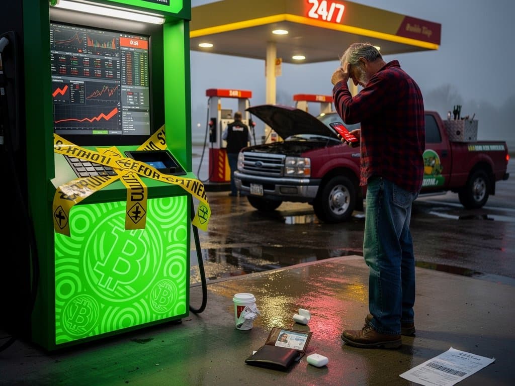 Quad Cities gas station crypto ATM with scam warnings, Bitcoin chart down to $75,697, Fear & Greed at 26