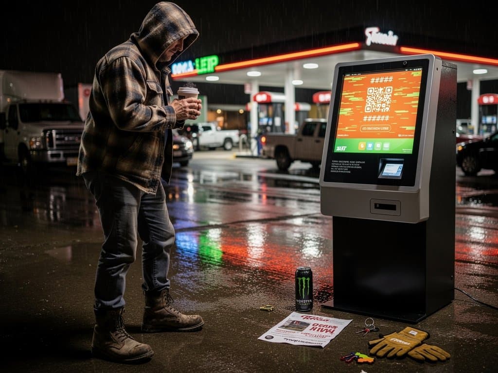 Glowing Bitcoin ATM at rainy Quad Cities gas station with shadowy figure and scam warnings