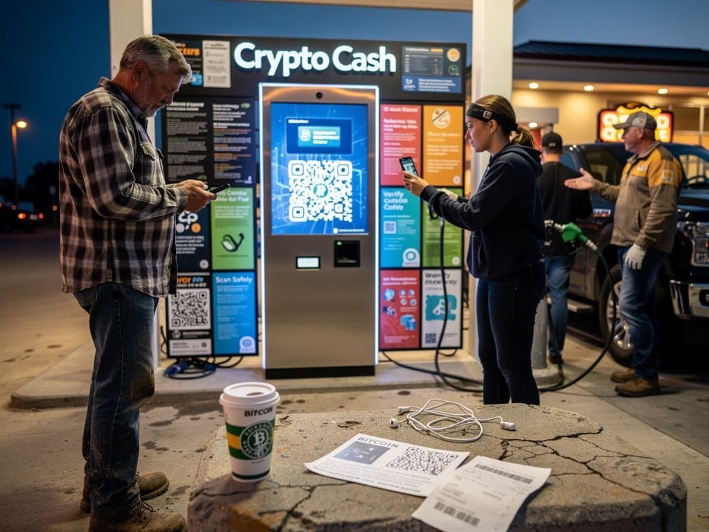 Quad Cities gas station Bitcoin ATM at dusk with scam warning posters and wary local farmer checking phone