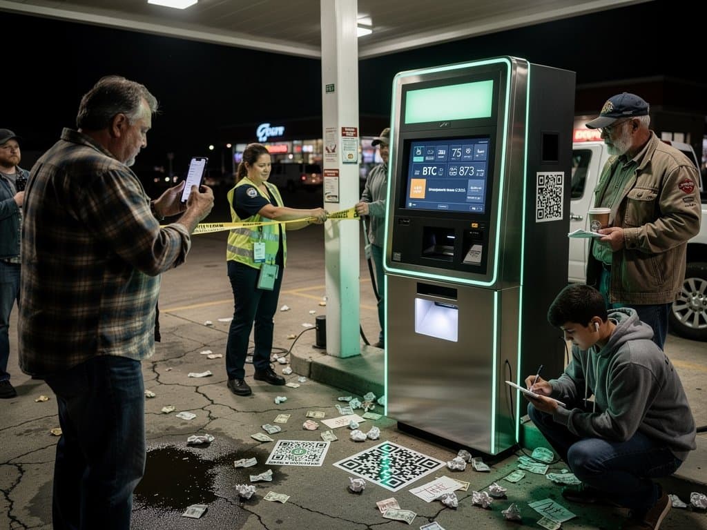 Crypto ATM at Tri-Cities gas station wrapped in caution tape with Bitcoin price on screen amid scam flyers