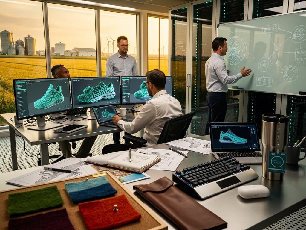 AI lab screens show 3D shoe designs with material samples and Midwest factory view in background