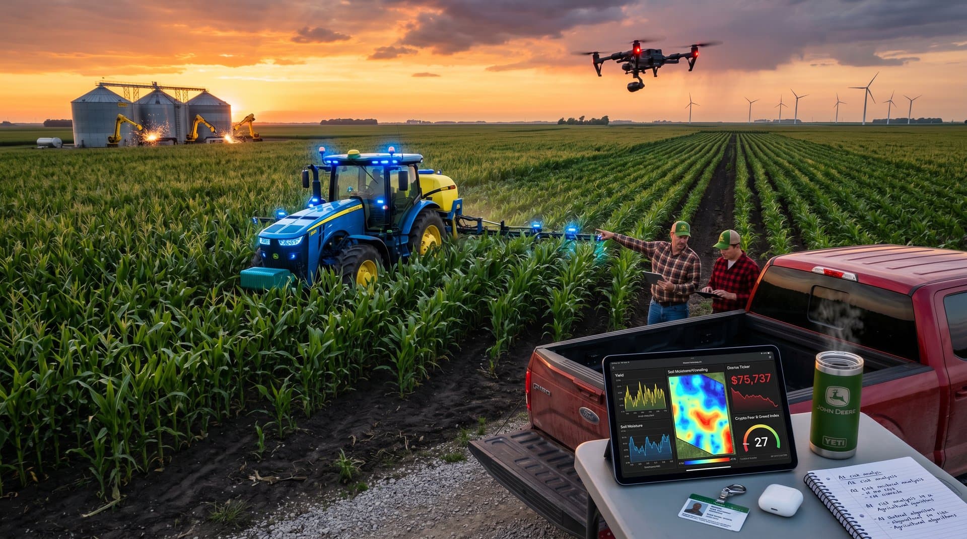 Midwest cornfield with AI tractor, drone, and farmers viewing Fear Index on tablet near factory