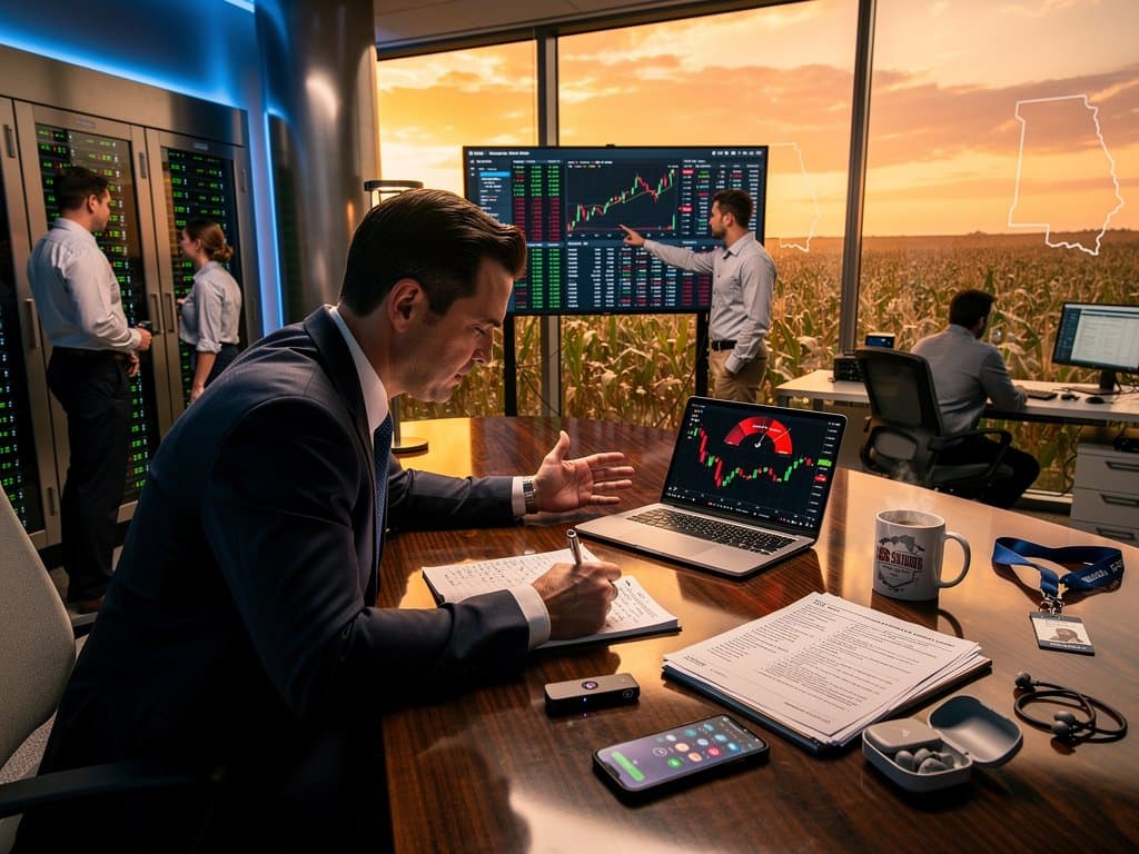 Chicago skyline with Fear & Greed Index at 27, Bitcoin at $75,642 USD, Mass. AG crypto safety tips on screens in Midwest finance office