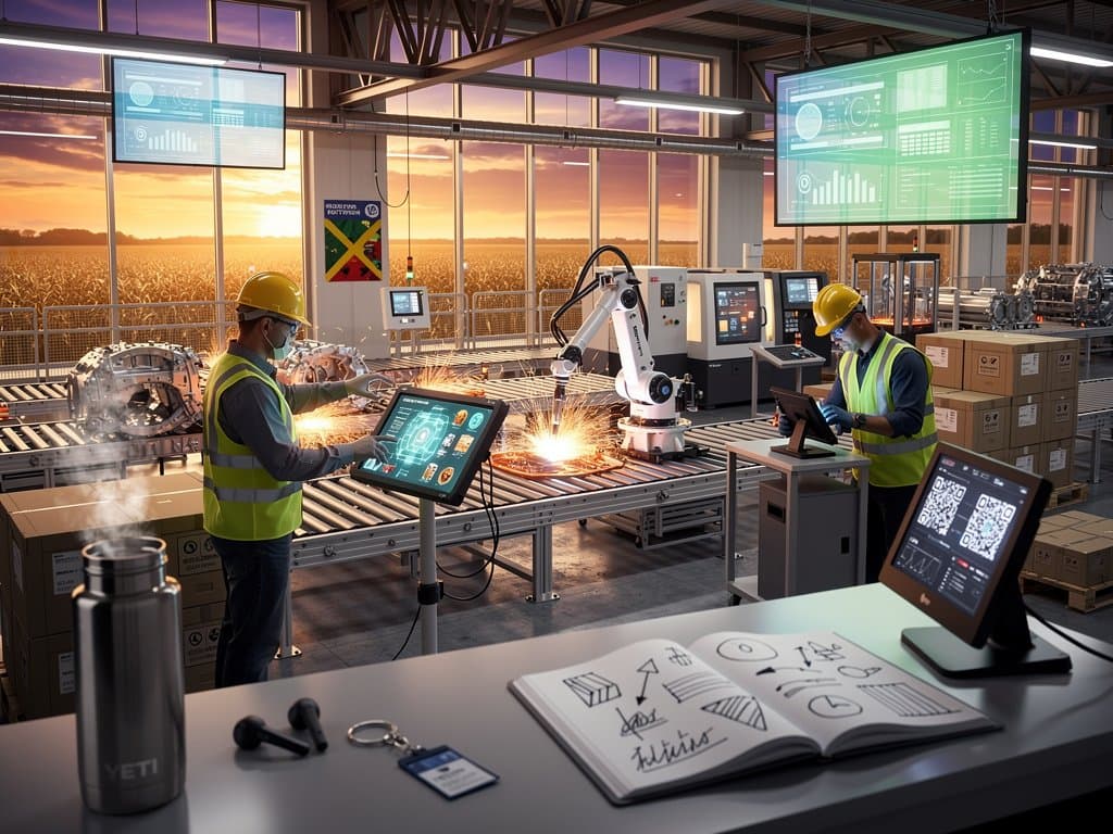 AI robotics and digital dashboards on Midwest factory floor with safety-geared workers and heartland view