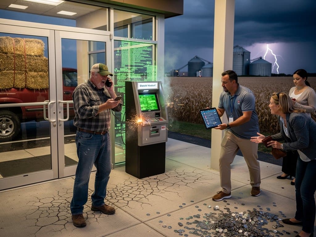 Rural Midwest ATM under AI bot cyber attack threat amid cornfields and farm bank