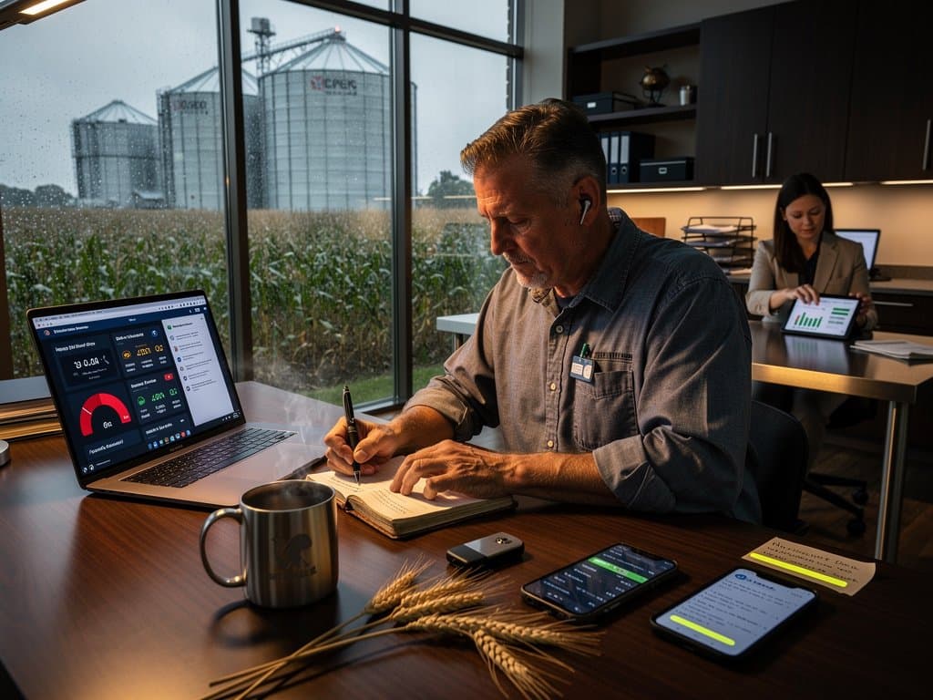 Laptop on Midwest farm desk displays BTC at $75,228 USD down 2.3%, Fear Index 27, Mass AG crypto guidelines amid farm ledger and coffee mug