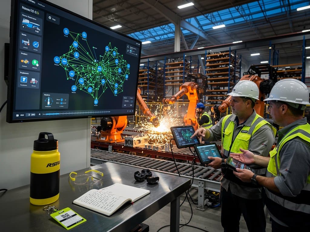 Midwest factory displays Neo4j graph databases AI visualization mapping supply chains on large monitor amid assembly lines