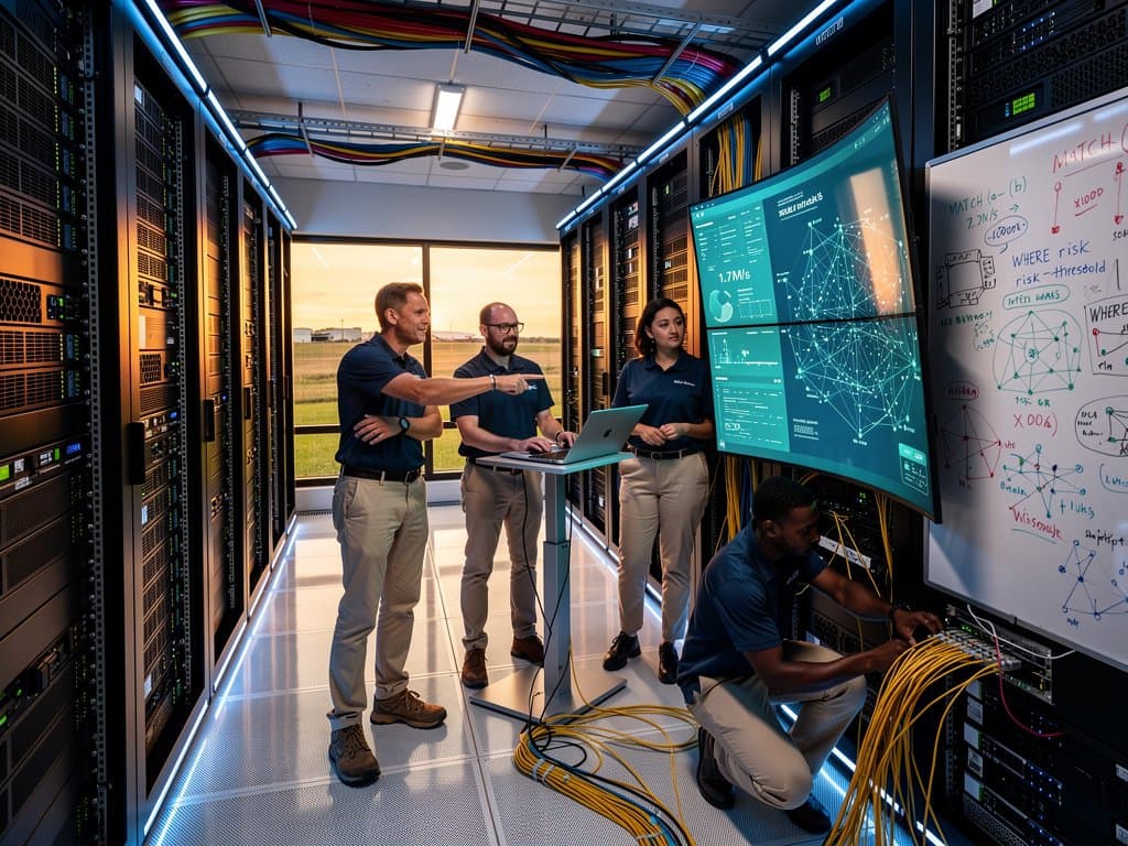 Midwest engineers configure Neo4j graph database servers in Des Moines data center: glowing node networks on ultrawide monitors, fiber cables, AI metrics dashboards, prairie daylight