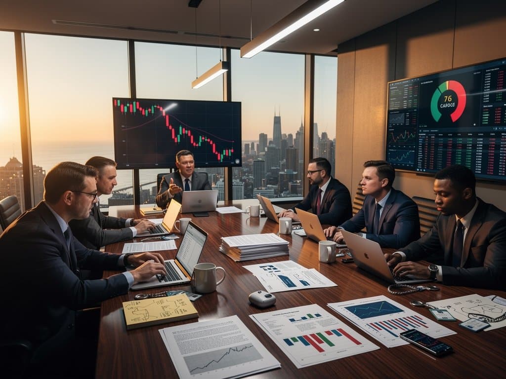 Modern Chicago law firm conference room with Lake Michigan views, crypto charts on screens amid legal documents