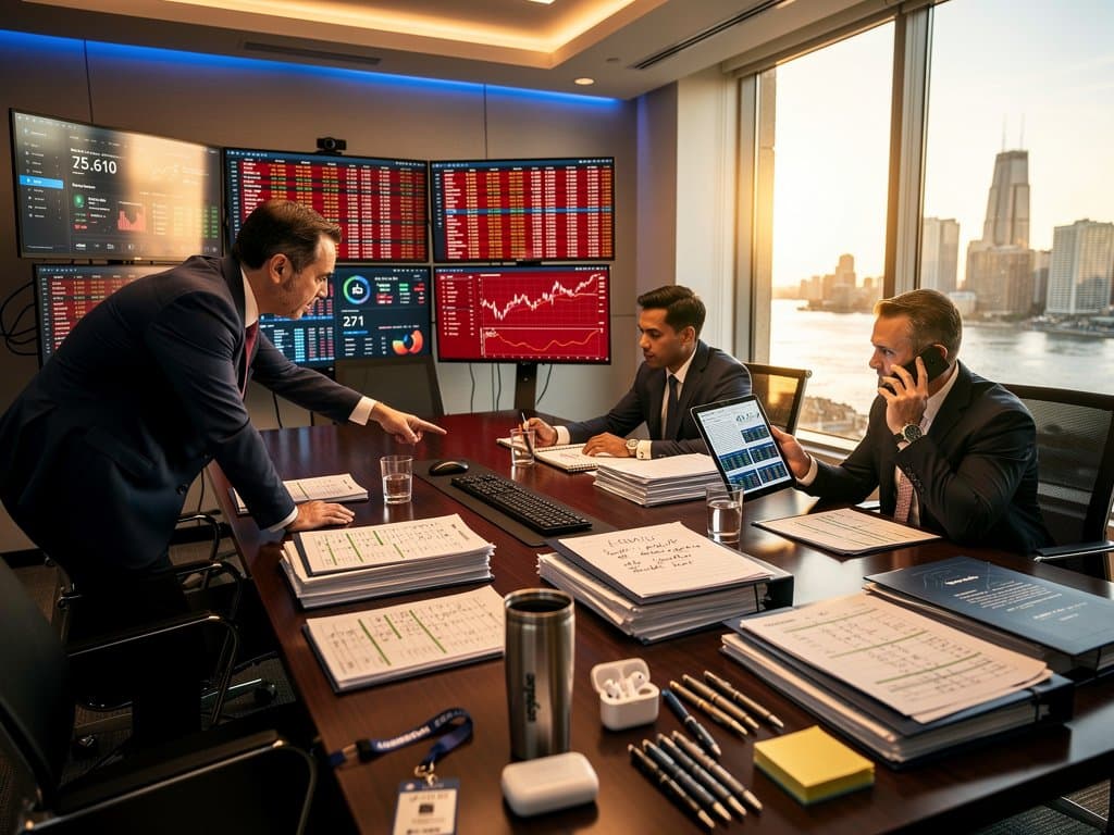 Chicago law firm conference room with FLOW crypto charts, SEC documents, and market tickers overlooking city skyline