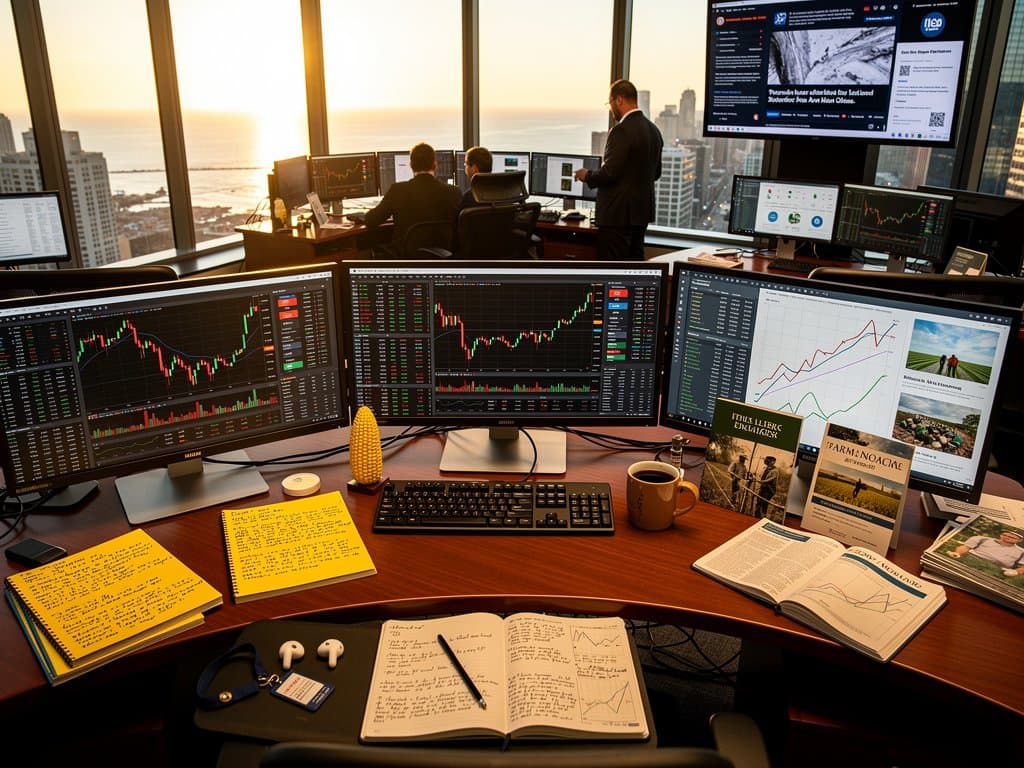 Chicago trading desk with FLOW crypto charts at BTC $75K, Fear & Greed 27, Rosen class action alerts over skyline