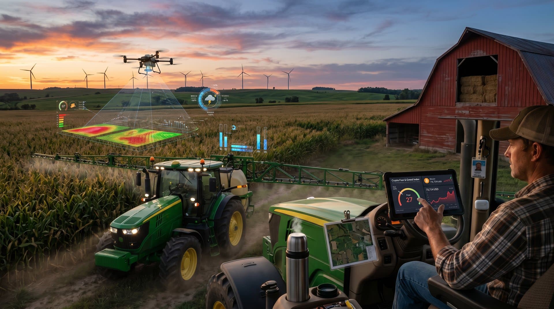 Iowa cornfield with John Deere AI tractor, drone, digital overlays, and Fear Index display under sunset