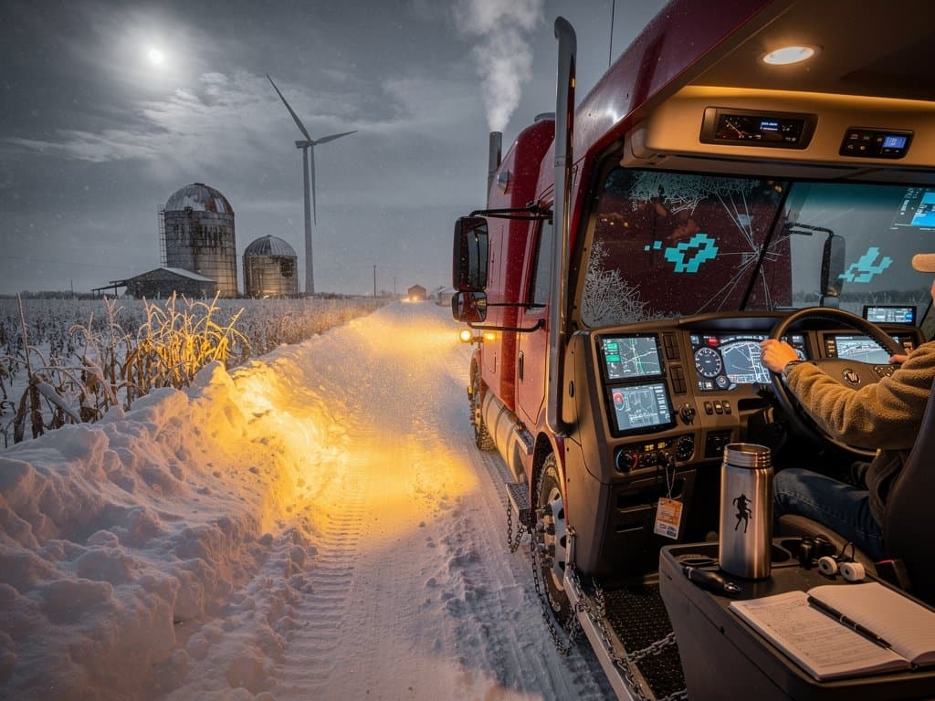 Semi-truck battles Midwest blizzard on rural road with AI glitch overlay