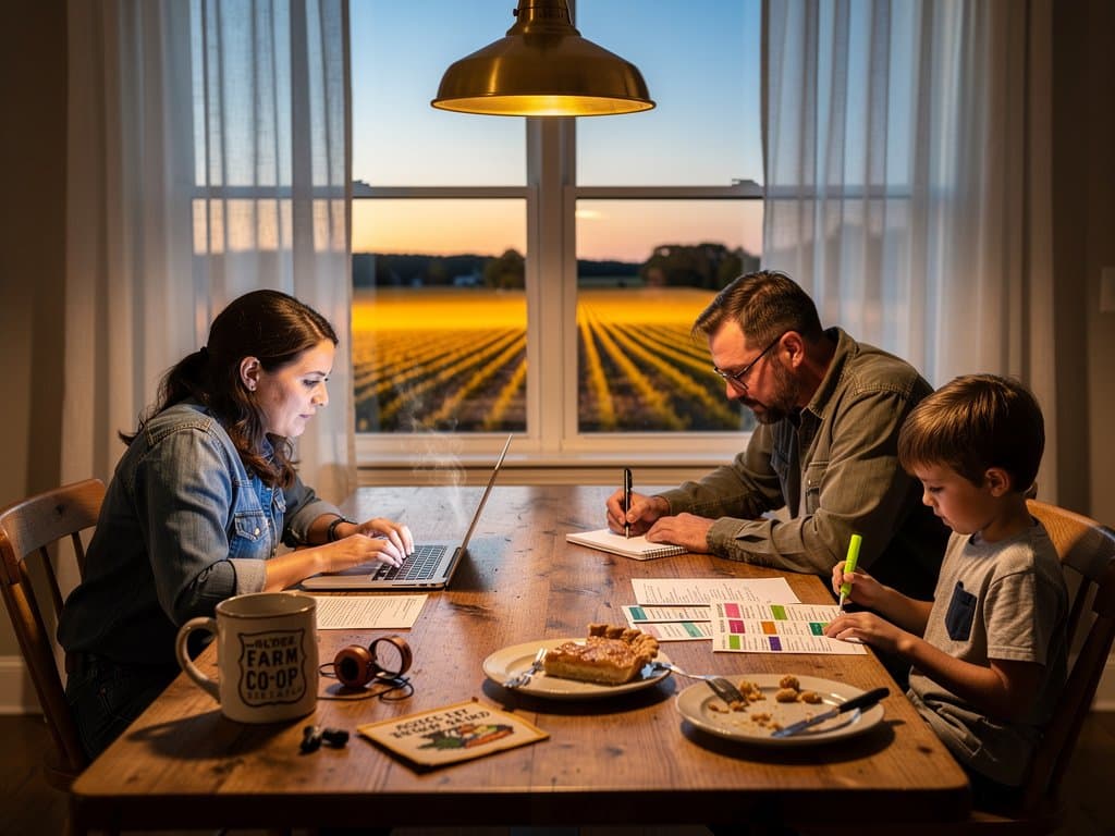 Midwest farmhouse kitchen table with laptop showing AI chatbot autism advice amid family notes and finance sketches