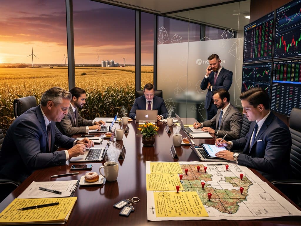 Chicago office table with crypto charts, FLOW token data, Fear Index 27, SEC documents, and Midwest skyline view