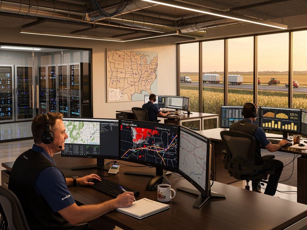 Logistics team analyzes AI truck routes on multi-monitors in modern dispatch center with glass walls and server lights