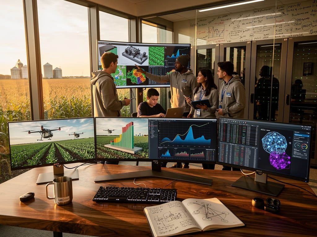 Students collaborate in NCSA UIUC lab with monitors showing AI neural networks, server racks, and discussion tables