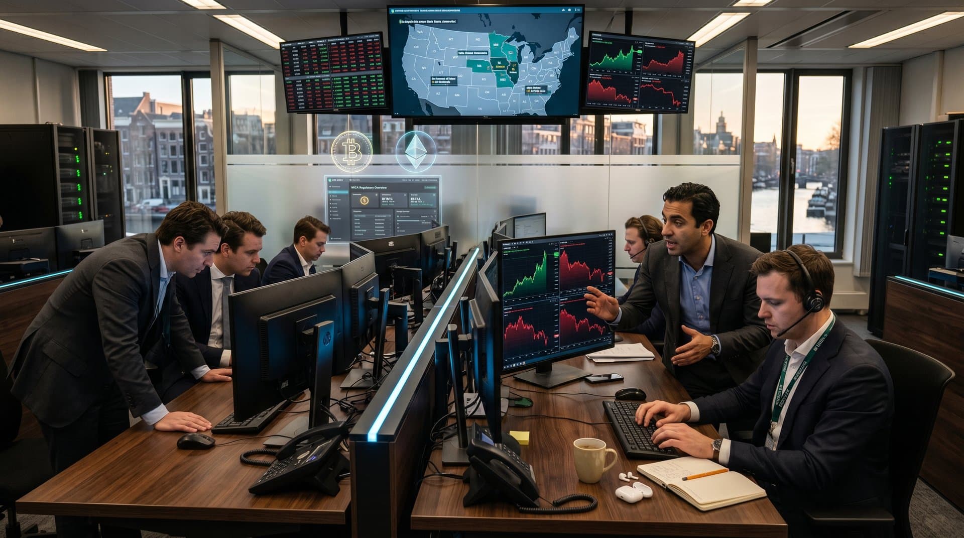 Trading floor screens show ABN AMRO crypto charts with BTC dip, bank logos, and market data amid modern desks