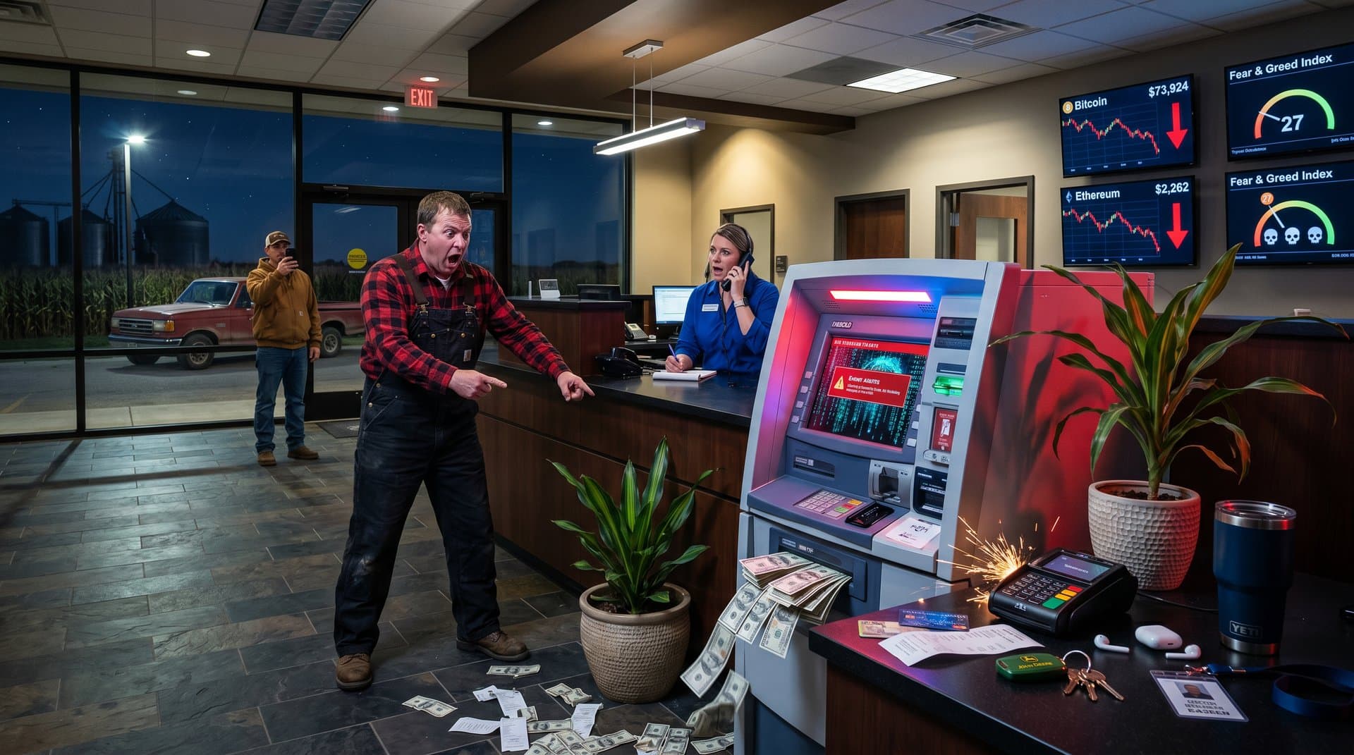 Rural Midwest ATM under AI bot cash machines attack with crypto fear charts in background