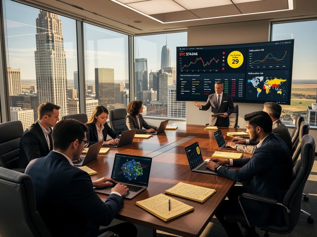 Modern Chicago law firm conference room with AI screens, crypto charts, legal documents, and skyline view