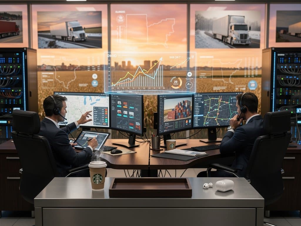 High-tech Chicago logistics control room with route maps and rail yard view
