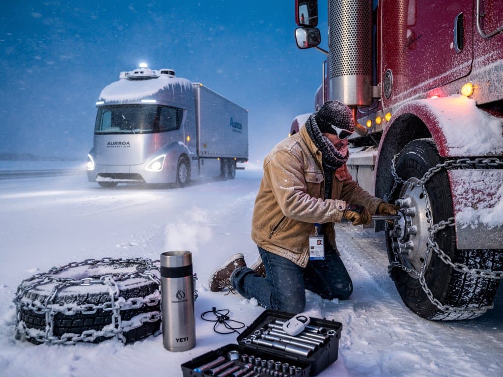 Trucker chains tires in Midwest blizzard as autonomous truck stalls nearby
