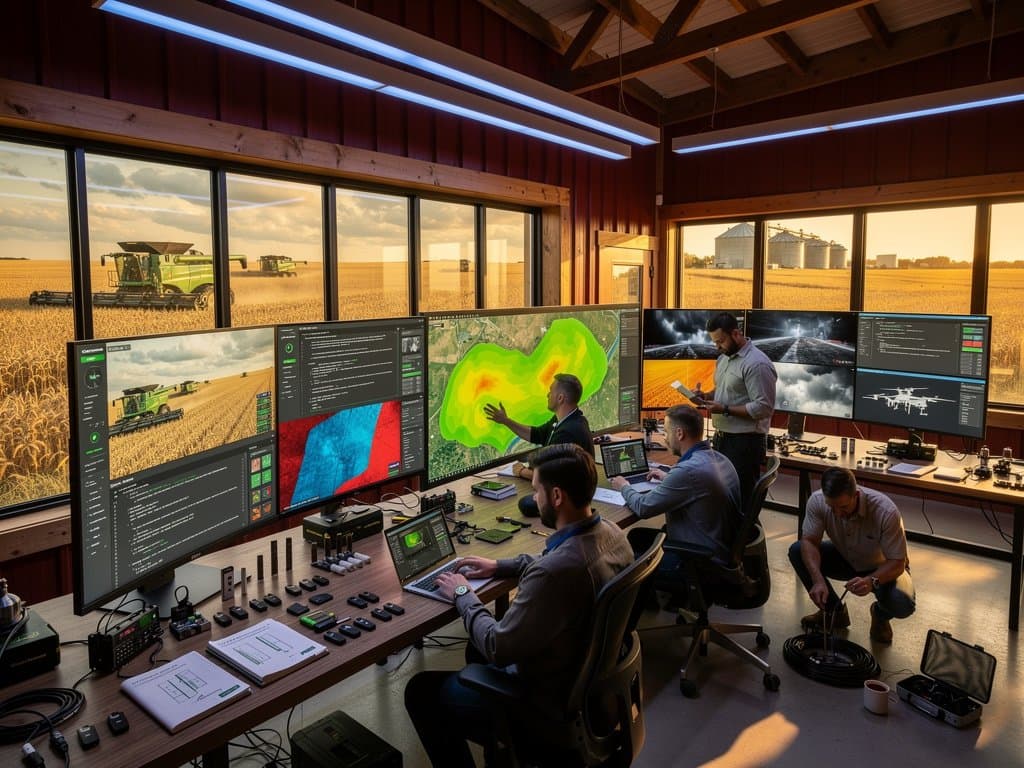 Agrotech office screens show Claude AI analyzing Midwest crop satellite images, yield maps, and BTC charts amid farm landscapes