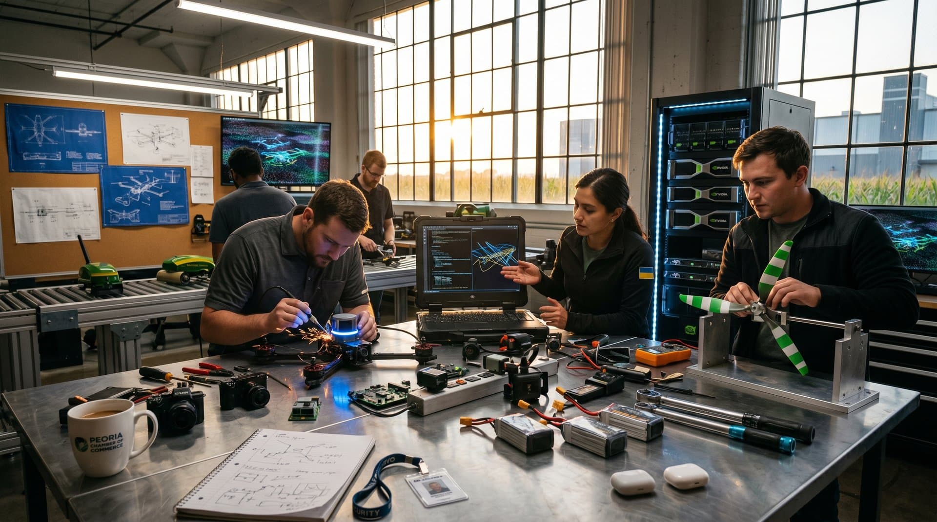 Engineers assemble AI drone prototypes in modern Midwest manufacturing lab with monitors, sensors, and tech tools