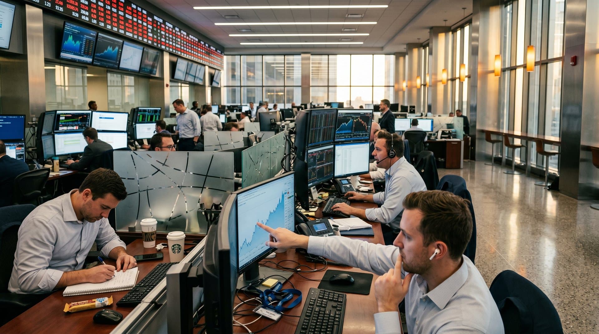 Trading screens show XRP at $1.40, Fear & Greed at 29, and crypto charts on CME Group floor