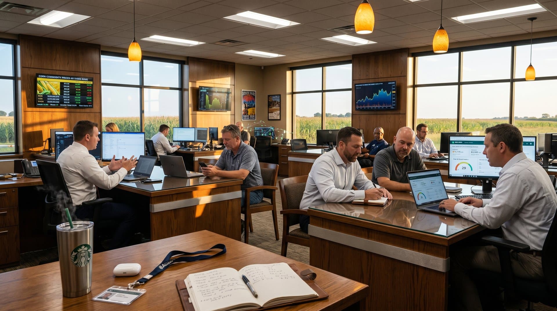 Midwest bank office screens showing ABN AMRO crypto products, BTC chart at $74,740, cornfields view