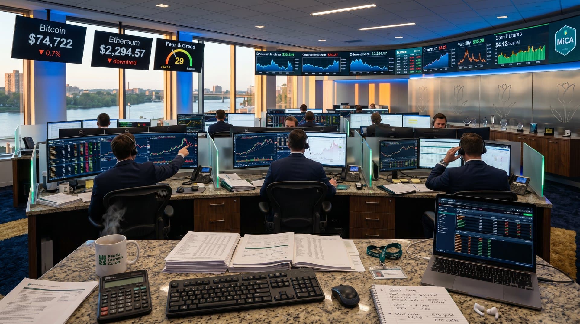 Secure bank trading floor with crypto charts on monitors, river view, and financial dashboards for hedging