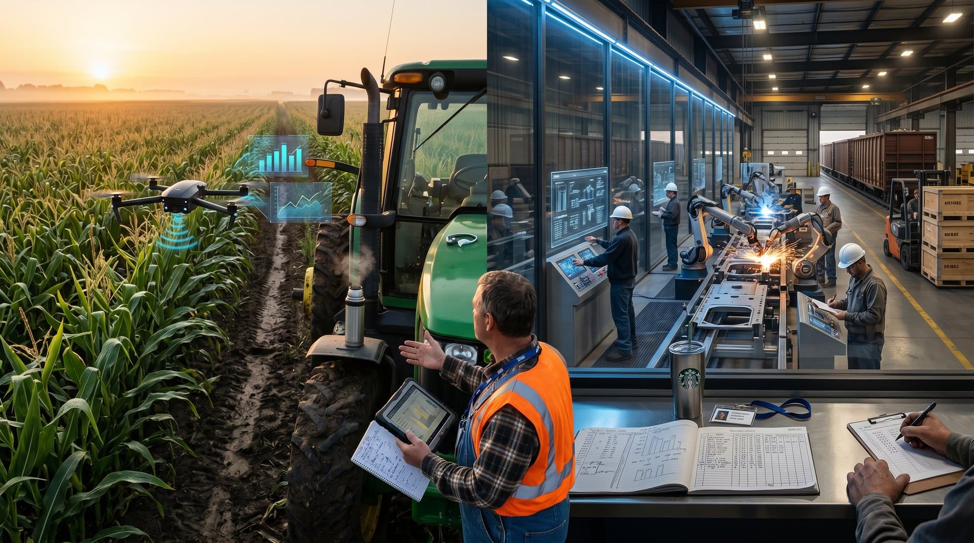 AI drone over Iowa cornfield with data overlays linking to Indiana factory robotics under Midwest sky