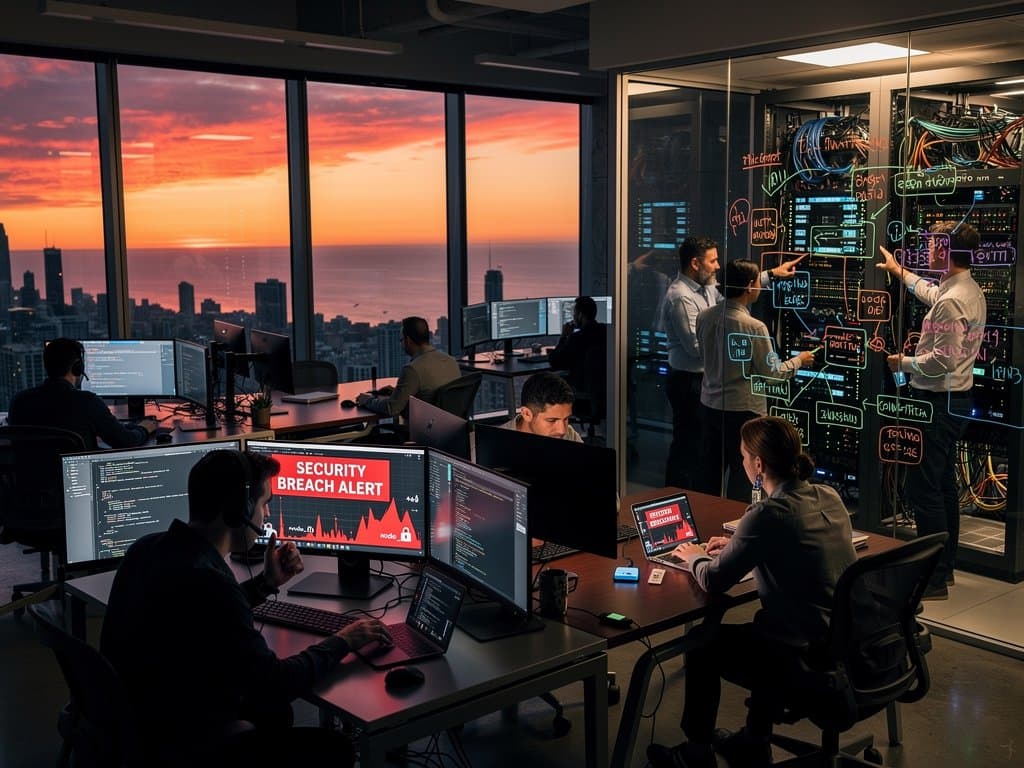 Chicago tech office monitors showing security breach alerts and AI graphs, server racks glowing, whiteboards with security diagrams