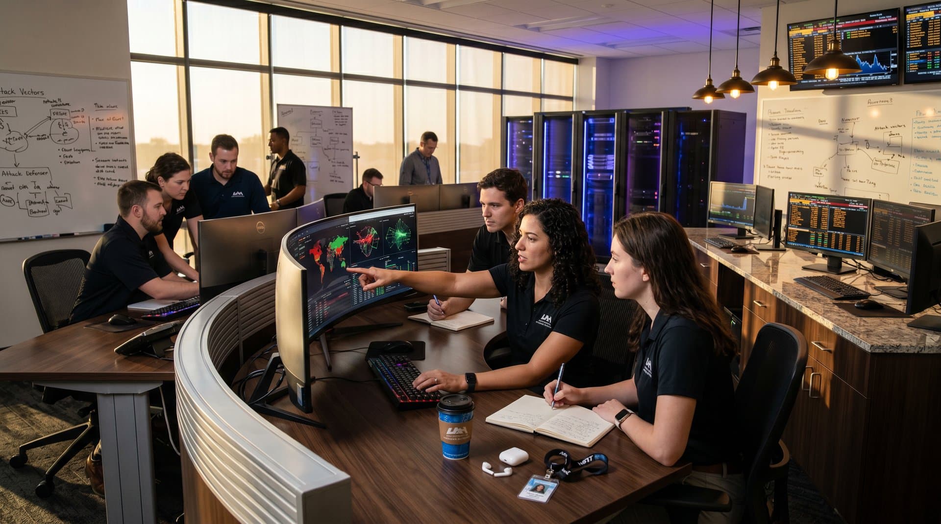 Threat maps and AI dashboards glow on monitors in modern cybersecurity center with server racks and crypto charts