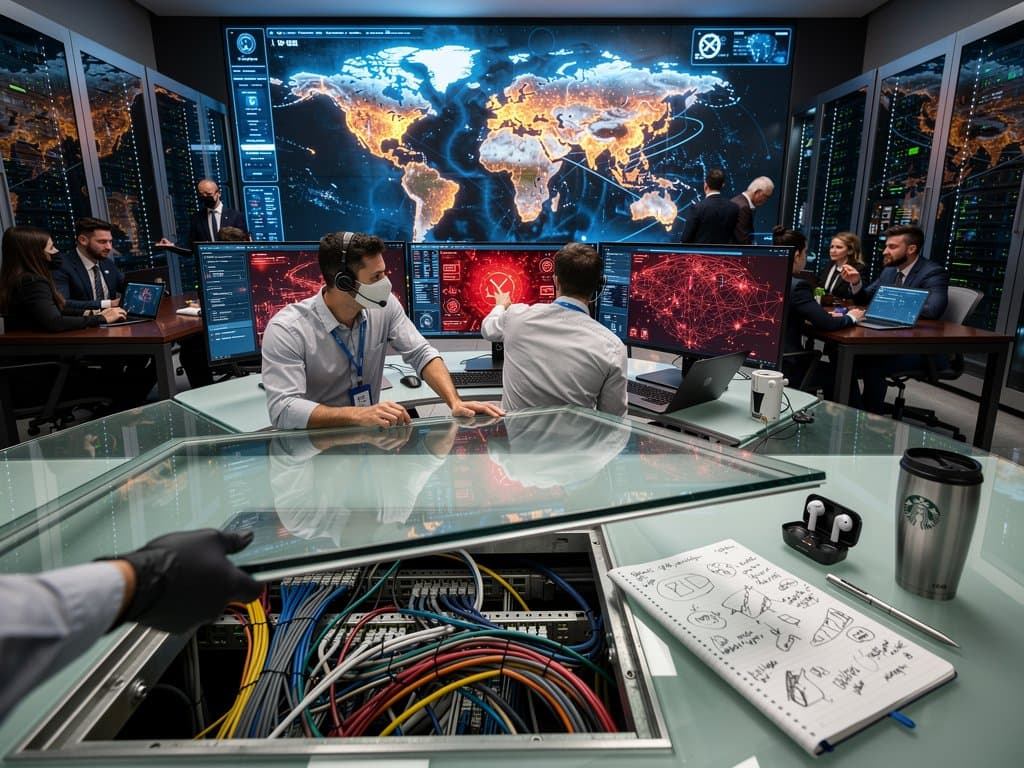 Cybersecurity team monitors global threats on multi-screen setups in advanced operations center with server racks and video walls