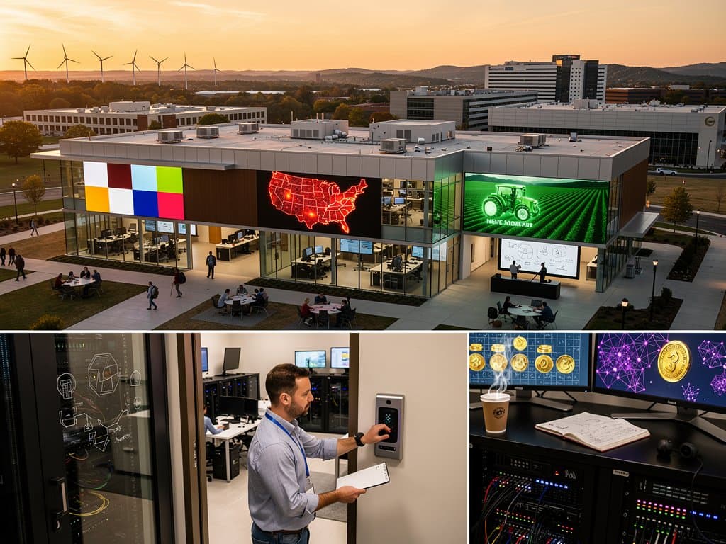 Midwest innovation hub with AI cybersecurity displays over regional maps, farms, and factories