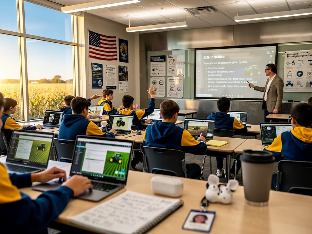 Illinois classroom with AI guidebook on laptops, crypto charts, farm tech demos, cornfield view, focusing on education tools and Midwest relevance