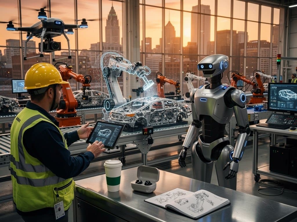 AI security robot patrols Detroit factory floor with drone scanning assembly lines under skyline glow