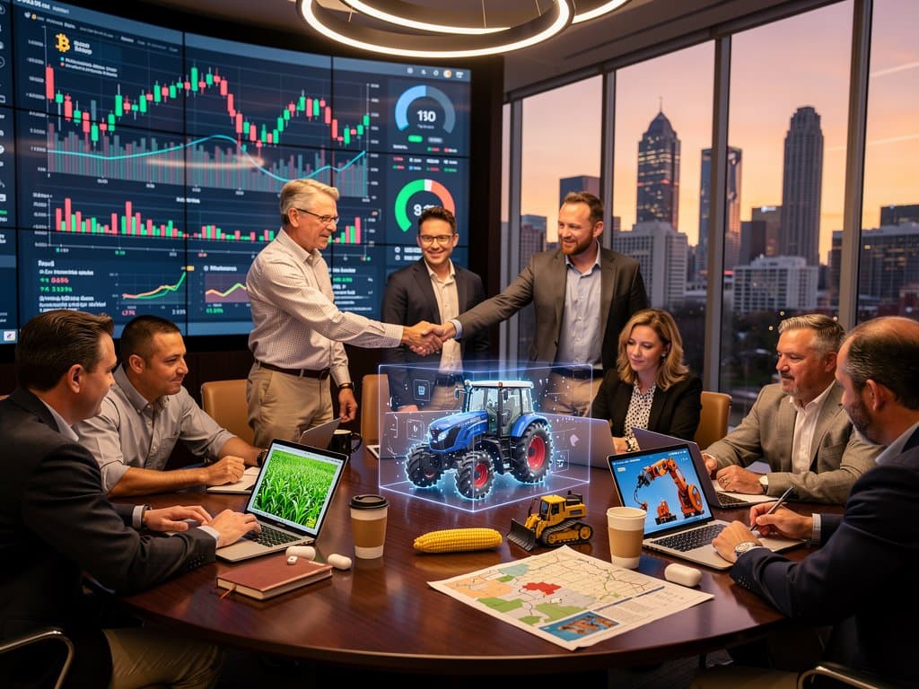 Midwest executives at Charlotte AI event discussing tech with Bitcoin charts and regional maps