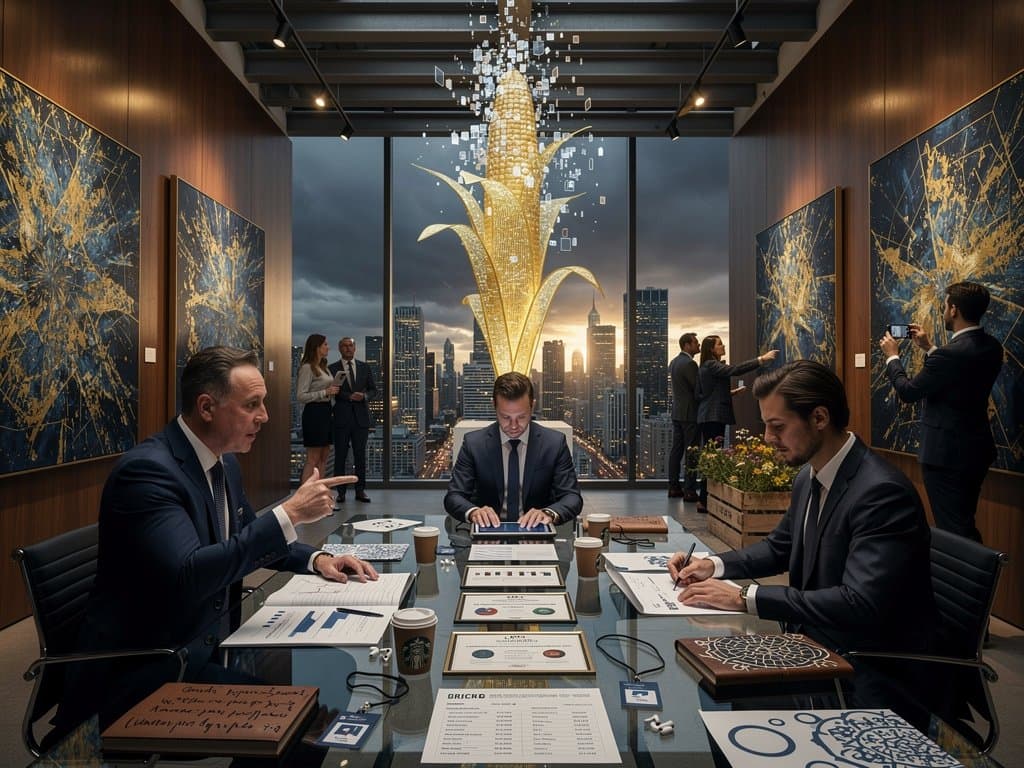 Suits discussing AI artworks beside glowing screens and sculptures in upscale Chicago River North gallery space