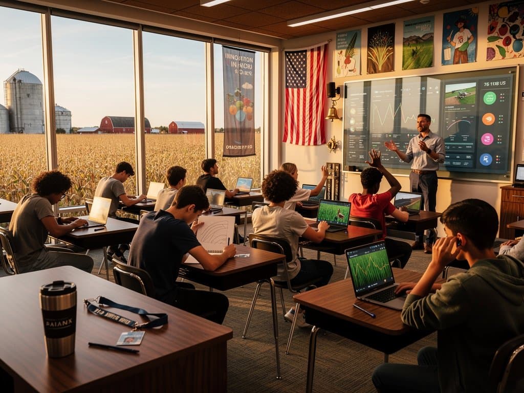 Midwest classroom students explore AI tools for finance and ag tech simulations in Illinois school.