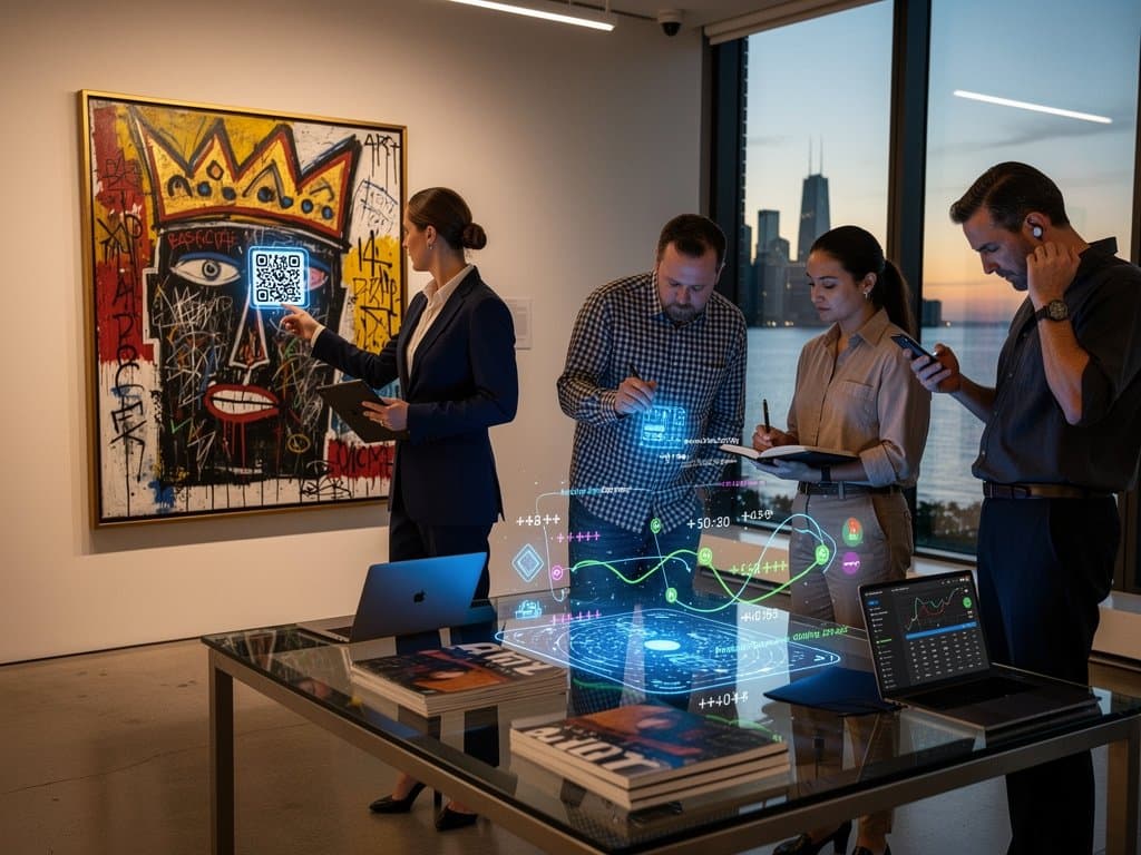 Curator scans artwork QR code in Sotheby's Chicago preview room amid collectors and glowing provenance screens against city skyline